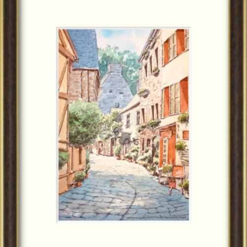水彩画原画 センテンドレの町 （フランス ディナン 街並み 透明