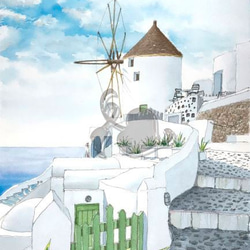 原画　透明水彩画　サントリーニ島 風車 2枚目の画像