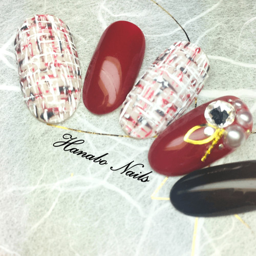 No.40]ツイードネイル/ストーン/赤/レッド/秋冬/ネイルチップ/つけ爪