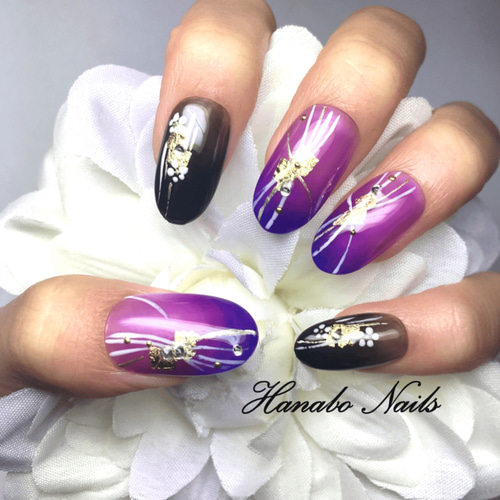 No.48]和柄/正月/成人式/紫/パープル/金箔/黒/冬/ネイルチップ/つけ爪  