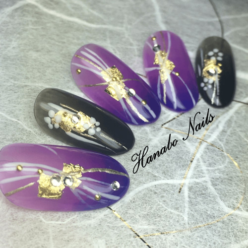 No.48]和柄/正月/成人式/紫/パープル/金箔/黒/冬/ネイルチップ/つけ爪