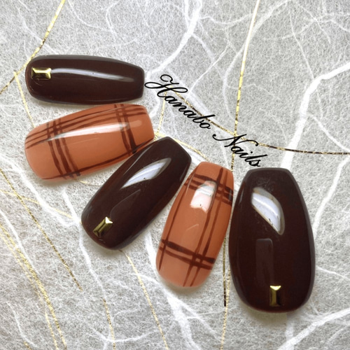 No.71]ブラウン/チェック/茶色/ライトブラウン/秋冬/ネイルチップ/つけ