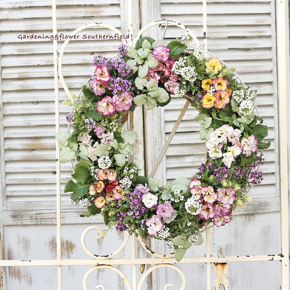 花寄せ植え ジュリアン＆アリッサム ギャザリングリース35㎝受注生産