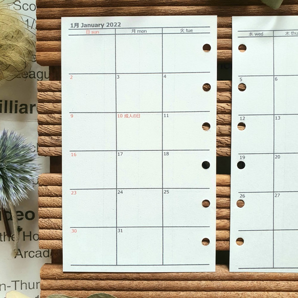 ミニ6 マンスリー予定表 日曜始まり7列 罫線なし カレンダー型 2024 システム手帳リフィル M6 mini6 5枚目の画像