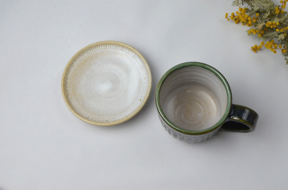 マグカップ&小皿（鎬・緑/白） 5枚目の画像