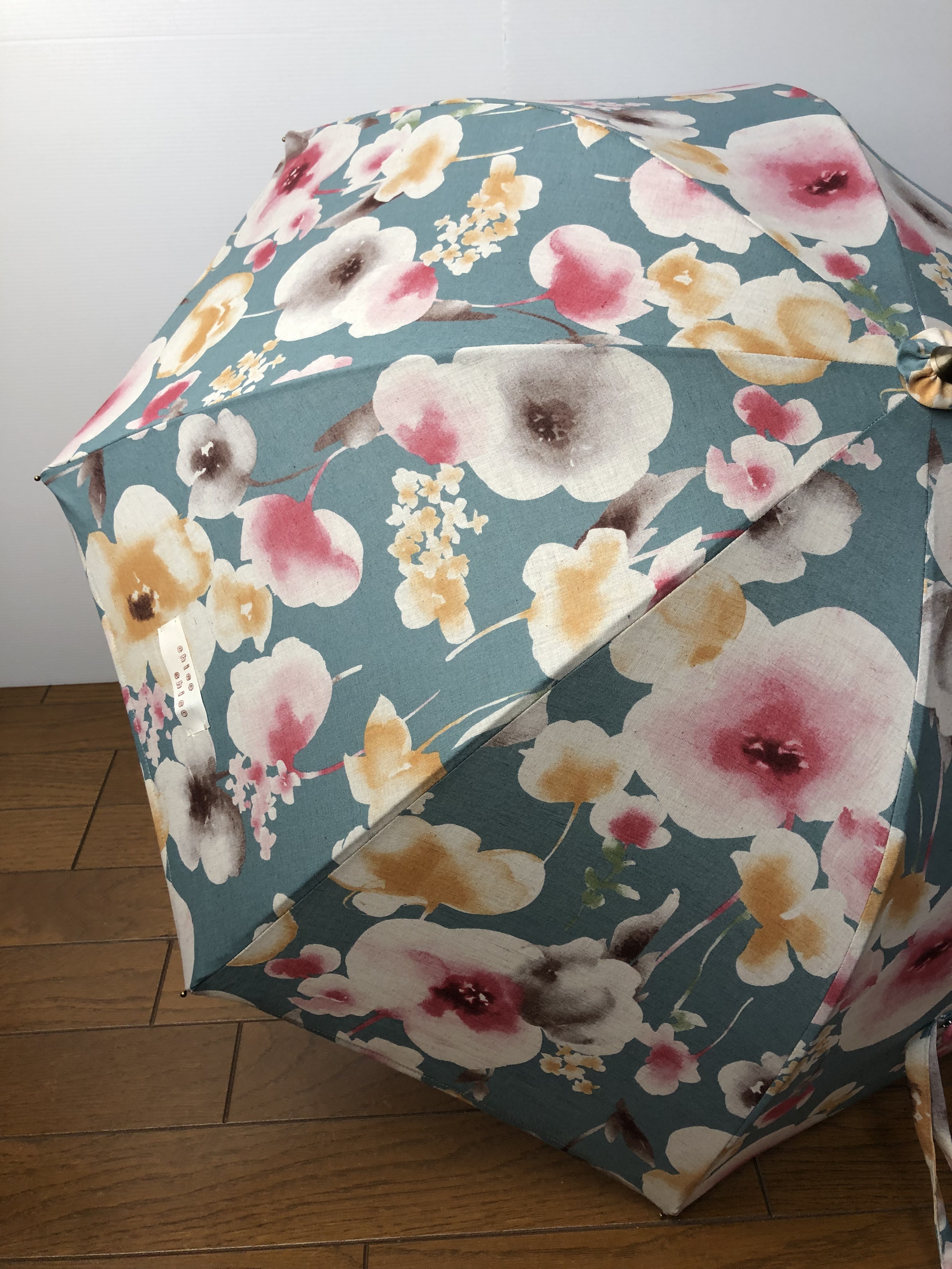 送料無料　軽量・手作り日傘　ブルーグリーンに胡蝶蘭