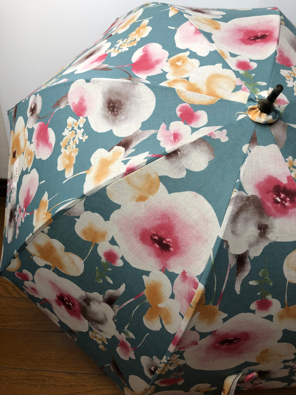 送料無料　軽量・手作り日傘　ブルーグリーンに胡蝶蘭 6枚目の画像