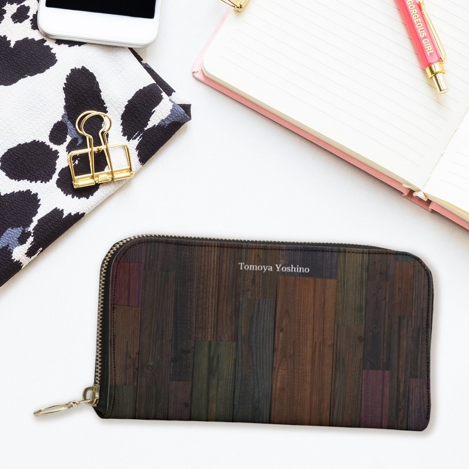 シックでお洒落な木目調 長財布ポーチ 本革