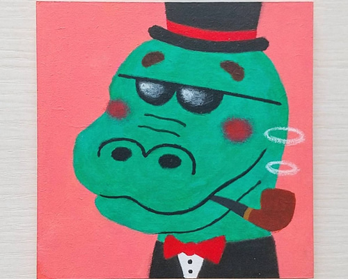 アクリル原画 パイプをくわえたワニ 絵画 わらしなみさき 通販