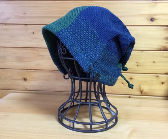 【D様ご注文品】手織り帽子　ブルーグリーン 3枚目の画像