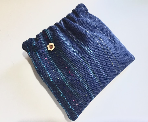 【手作りキット難易度ゼロ】手縫いで作る　手織りの簡単パックンポーチ キット(ブルー系) 4枚目の画像