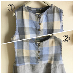 手織りとハーフリネンのバルーンジャンバースカート（グレイッシュ水色チェックM～Lサイズ） 3枚目の画像