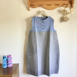 手織りとハーフリネンのバルーンジャンバースカート（グレイッシュ水色M～Lサイズ） 4枚目の画像
