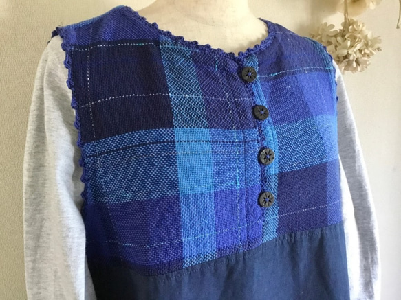 手織りとハーフリネンのバルーンジャンバースカート（ブルー～ネイビーM～Lサイズ） 3枚目の画像