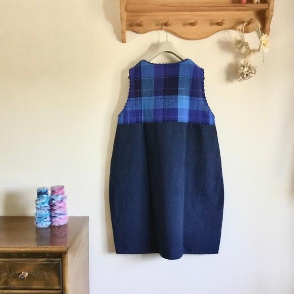 手織りとハーフリネンのバルーンジャンバースカート（ブルー～ネイビーM～Lサイズ） 6枚目の画像