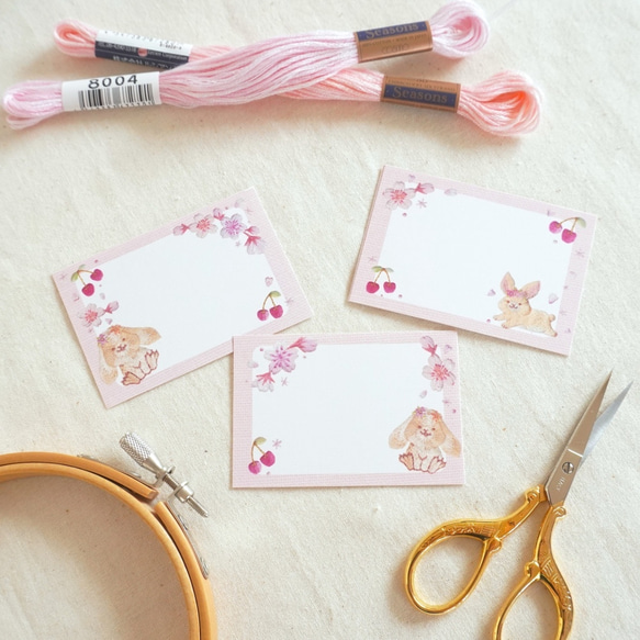 [マステ＋ミニカード] ✳︎動物刺繍デザイン✳︎ Cherry blossom rabbit ウサギと桜とサクランボ 2枚目の画像