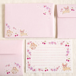 [レターセット] ✳︎動物刺繍デザイン✳︎ Cherry blossom rabbit ウサギと桜とサクランボ 2枚目の画像