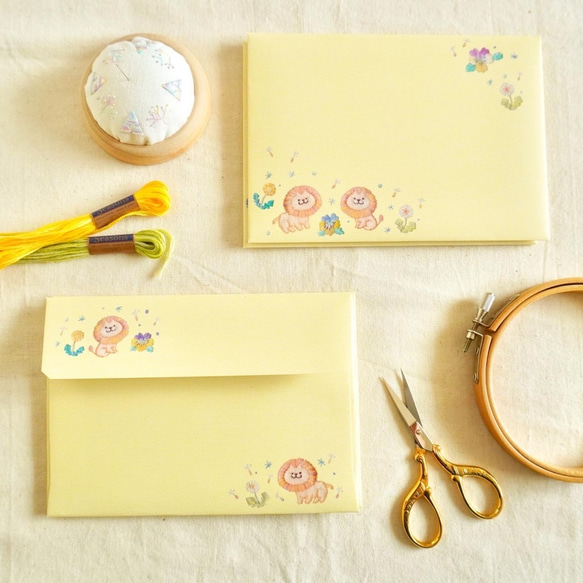 [レターセット] ✳︎動物刺繍デザイン✳︎Dandelion Lion タンポポとライオン 春のお散歩刺繍 2枚目の画像