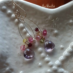 宝石質ピンクアメジストマロンカットとぺリドットピンクトパーズの花束ピアス　k14gf 2枚目の画像