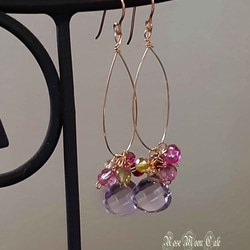 宝石質ピンクアメジストマロンカットとぺリドットピンクトパーズの花束ピアス　k14gf 4枚目の画像