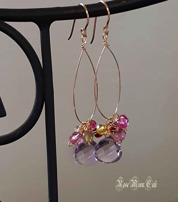 宝石質ピンクアメジストマロンカットとぺリドットピンクトパーズの花束ピアス　k14gf 4枚目の画像