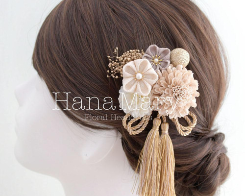 振袖 袴 七五三 つまみ細工 ベージュ 成人式用髪飾り ヘアアクセサリー