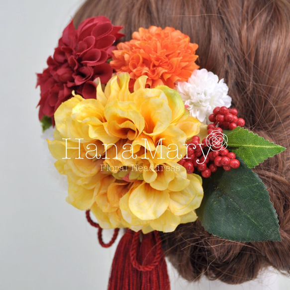 NEWオレンジ  イエローダリアの髪飾り 3枚目の画像