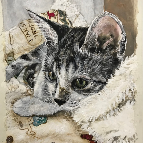 絵画。原画【可愛い猫ちゃんとワンちゃん】 絵画。原画☆キャンバスF10【かわいい猫たちが一緒に香ばしいお