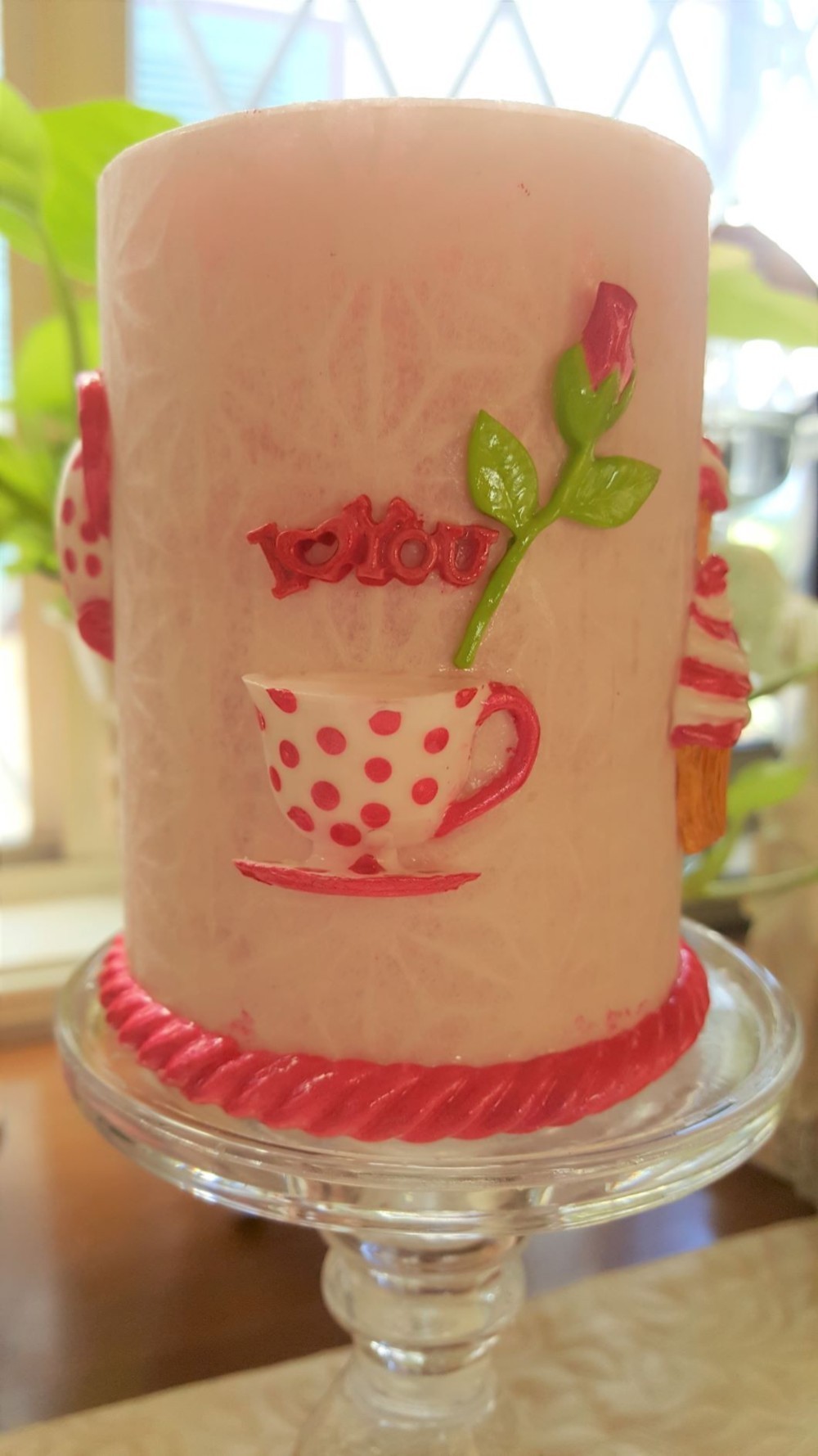 アロマキャンドル、Tea Time（白地にピンクの水玉、I love you with roseとカップケーキ）