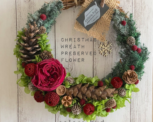 creema限定クリスマス2020』赤い大輪ガーデンローズのクリスマスリース