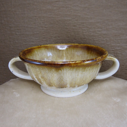 陶器 両手スープマグ（白・茶） 1枚目の画像