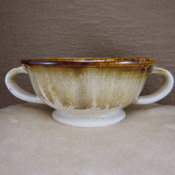 陶器 両手スープマグ（白・茶） 2枚目の画像