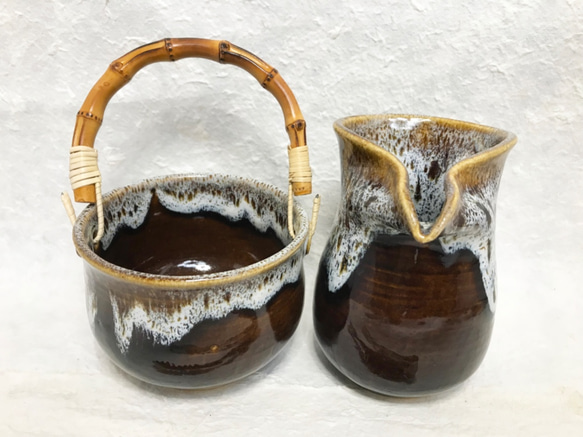 陶器 水割りセット大（アイスペール＋ピッチャー）茶　トング付き 2枚目の画像