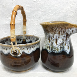 陶器 水割りセット大（アイスペール＋ピッチャー）茶　トング付き 3枚目の画像