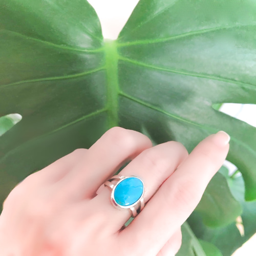 ブルー ターコイズ オーバル カボション リング 14x10mm 指輪・リング