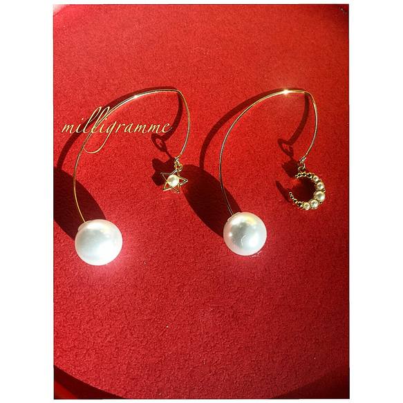 asymmetry  pearl pierced earrings(アシンメトリーな月と星のパールピアス) 1枚目の画像