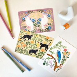 小鳥と猫のポストカード 1枚目の画像