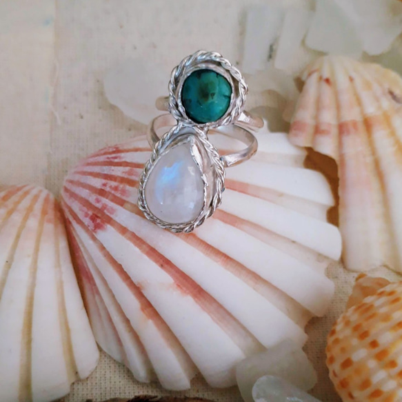 【13号】FUTAGO ring - turquoise × white moonstone 2枚目の画像