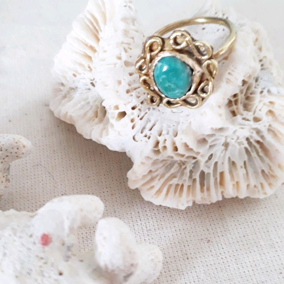 【10号】brass tibetan turquoise ring 2枚目の画像