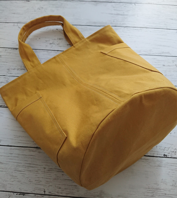 帆布 の トートバッグ エコバッグ マスタード 2枚目の画像