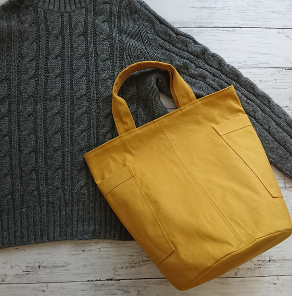 帆布 の トートバッグ エコバッグ マスタード 5枚目の画像