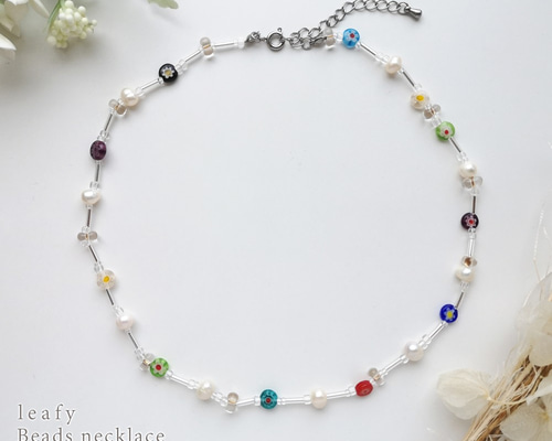 ミルフィオリガラスと淡水パールのビーズネックレス ビーズ