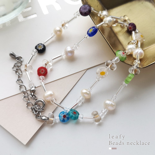 ミルフィオリガラスと淡水パールのビーズネックレス ビーズ