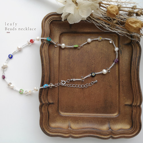 ミルフィオリガラスと淡水パールのビーズネックレス ビーズ