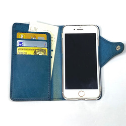 プエブロ　イタリアンレザー　iPhone SE2/8/7 手帳型ケース　　本革　ヌメ革　一枚革　ブルー 3枚目の画像