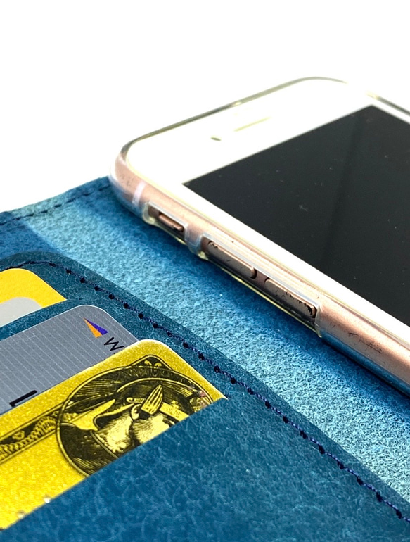 プエブロ　イタリアンレザー　iPhone SE2/8/7 手帳型ケース　　本革　ヌメ革　一枚革　ブルー 5枚目の画像