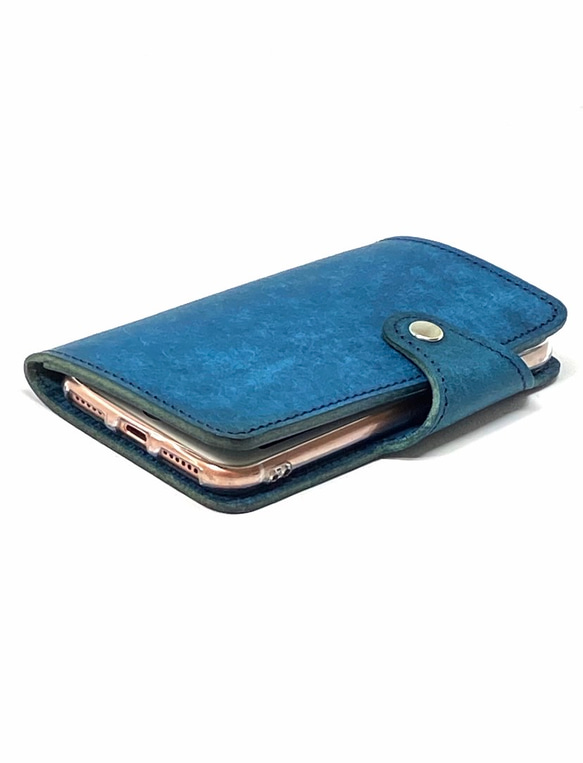 プエブロ　イタリアンレザー　iPhone SE2/8/7 手帳型ケース　　本革　ヌメ革　一枚革　ブルー 7枚目の画像