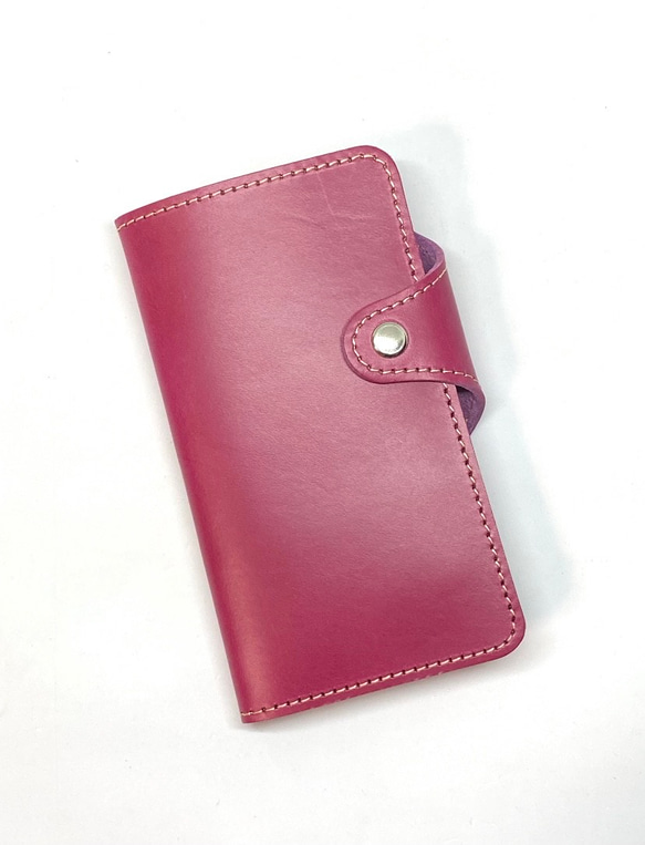 iPhoneSE3/ SE2/8/7手帳型ケース 日本製　イタリアンレザー　本革　ヌメ革　一枚革　ローズピンク 1枚目の画像