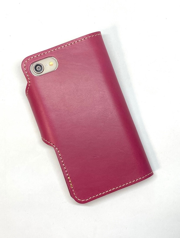 iPhoneSE3/ SE2/8/7手帳型ケース 日本製　イタリアンレザー　本革　ヌメ革　一枚革　ローズピンク 2枚目の画像