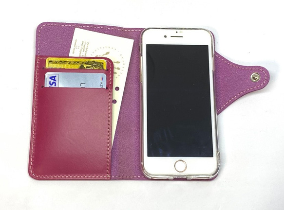 iPhoneSE3/ SE2/8/7手帳型ケース 日本製　イタリアンレザー　本革　ヌメ革　一枚革　ローズピンク 3枚目の画像
